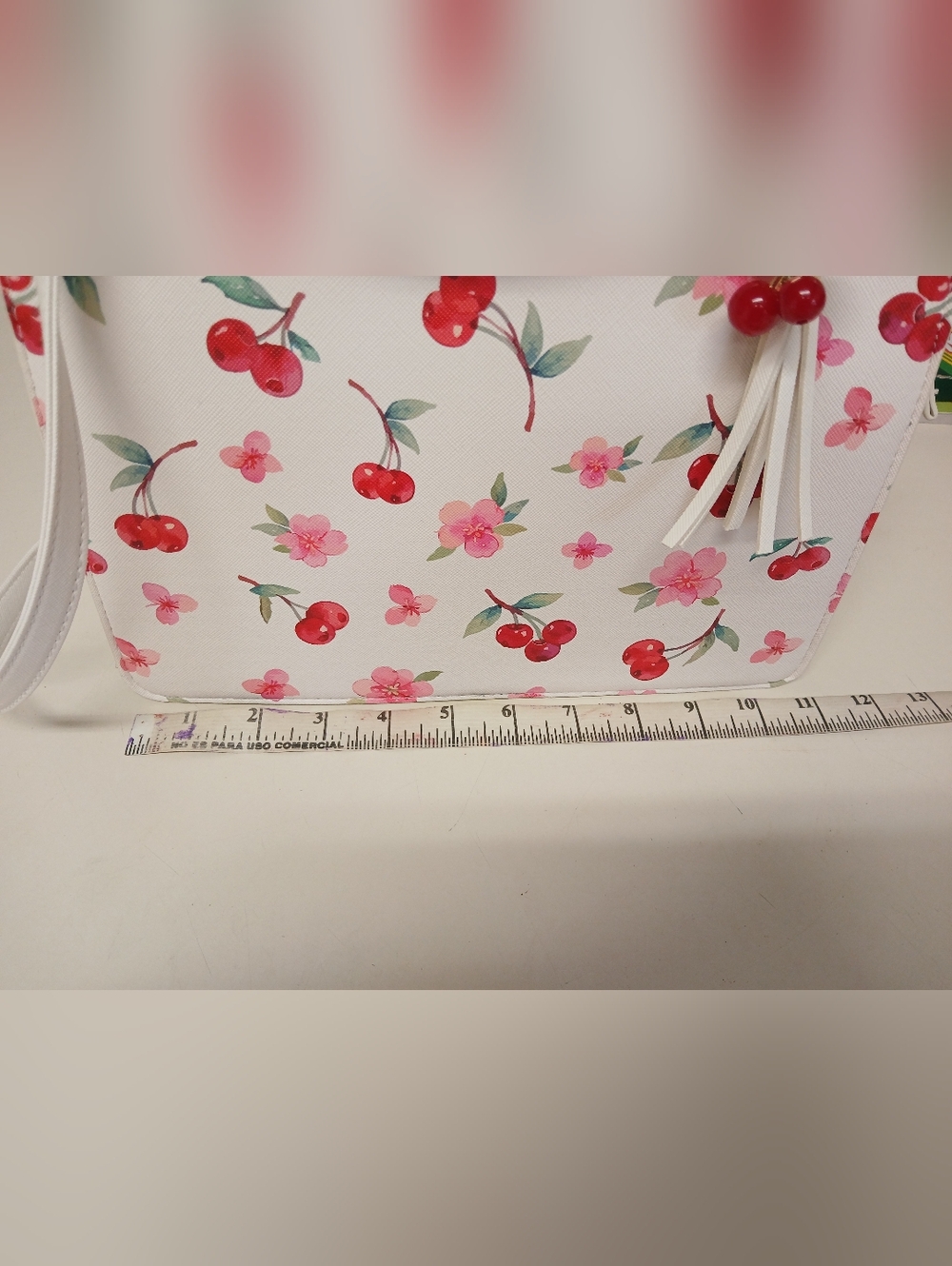 White Cherry Print Tote Bag with Matching Cherry Tassel Charm - Picture 6 of 9